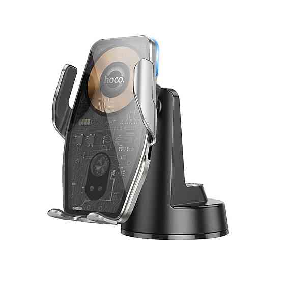 Тримач для мобільного з БЗП HOCO HW27 Traveler infrared RGB wireless fast charging car holder(center console) Black metal gray (6942007626361) Київ