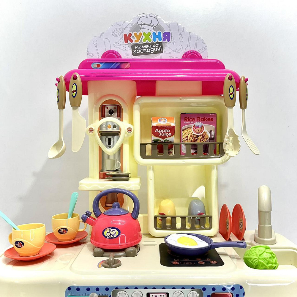 Кухня ігрова 42 предмети посуд продукти плита мийка-льюча вода пар музика світло на батарейках Рожева (16890B) Чернігів - фото 7