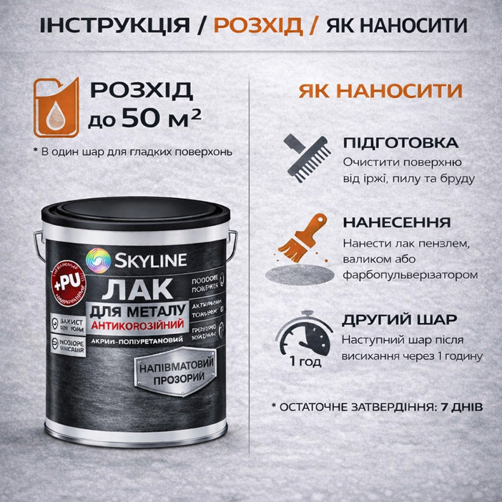 Лак для металу Skyline напівматовий прозорий акрил-поліуретановий антикорозійний без запаху 5 л Харків - фото 7