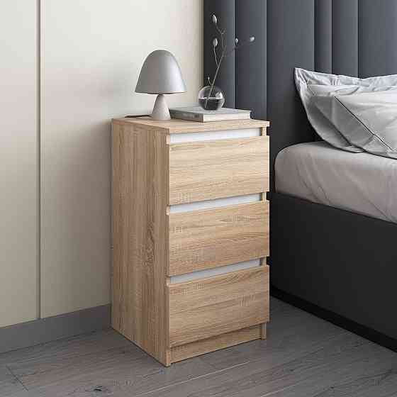 Тумба прикроватная VAYS, в спальню, современная, 3 ящика, без ручек R-30 Дуб Сонома-Белые планки Львов