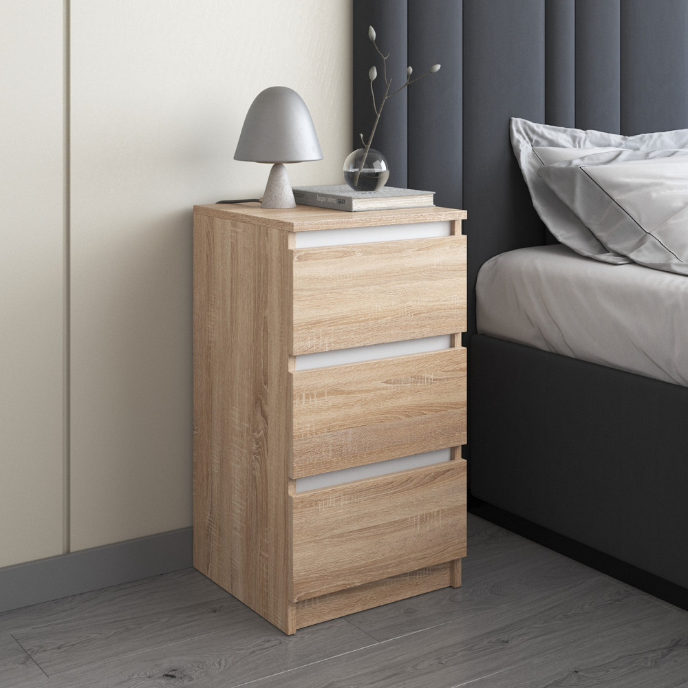 Тумба прикроватная VAYS, в спальню, современная, 3 ящика, без ручек R-30 Дуб Сонома-Белые планки Львов - изображение 1