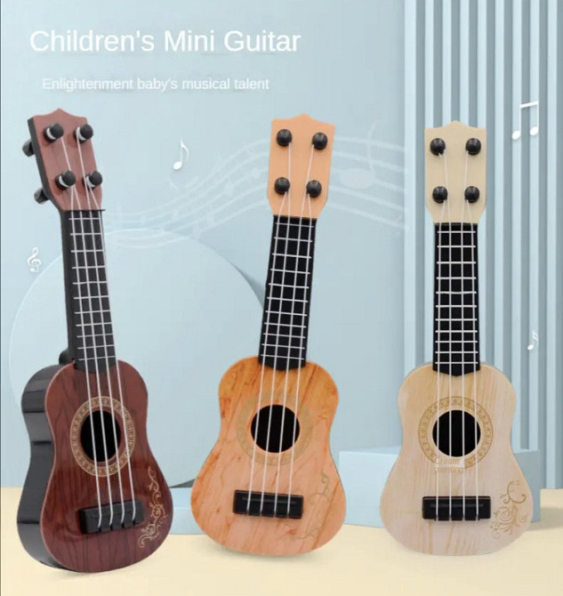 Гітара дитяча іграшка, коричнева, дитяча укулеле, довжина - 25см, ширина 9см, пластик, 4 струни, унісекс, 3+ Київ - фото 6