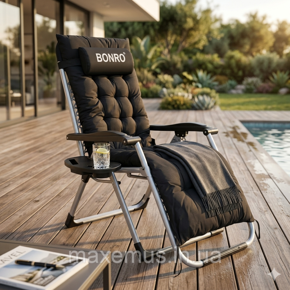 Раскладной шезлонг-кресло Bonro B-04 Черный (до 150 кг) - садовое туристическое кресло с подушкой и подстаканником Мостиська - фото 13