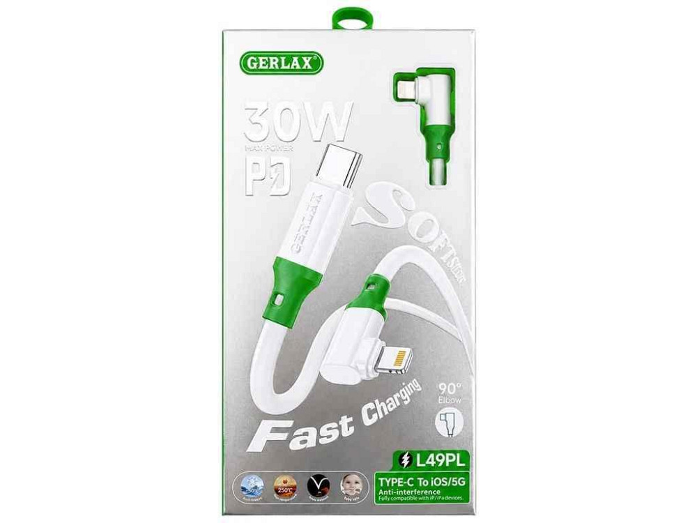Кабель Lightning - Type-C iPhone PD L49PL 30W/QC3.0 кутовий силіконовий білий 1м 29717 ТМ Gerlax Київ - фото 1