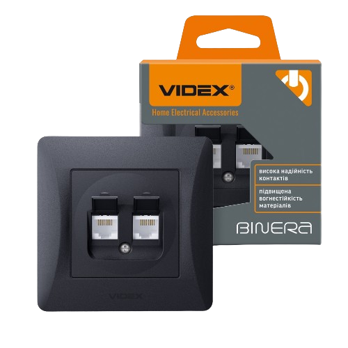 BINERA чорний графіт Розетка внутрішня 2-а CAT6+CAT6 комп'ютерна Videx Житомир