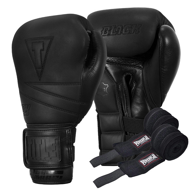 Боксерські рукавиці TITLE Black Bolstered Leather Black 14 oz (бинти 4м. в комплекті) Кам'янське - фото 1