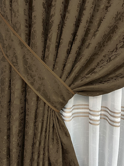 Комплект штор VR-Textil Льон Мармур 200х270 2шт і Тюль 600х270 1261ш-1429т Коричневий з білим 71-176/7 Київ - фото 4
