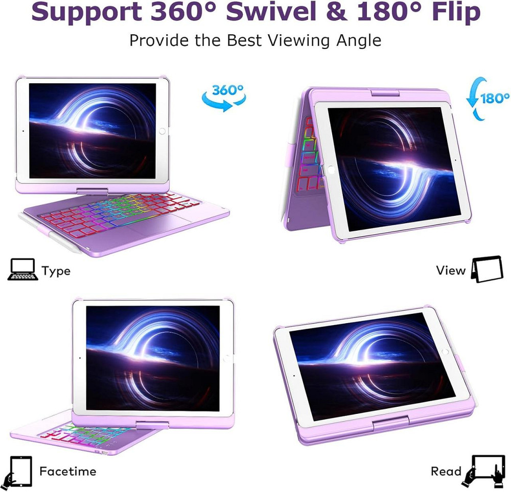 Кейс з клавіатурою для ipad 10.2 дюймів 9 8 7 покоління bluetooth підсвітка трекпад тримач для стилусу фіолетовий Київ - фото 5