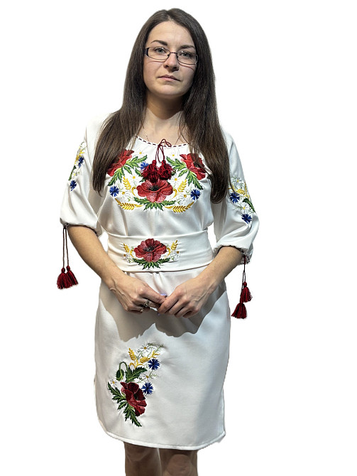 Жіноче біле вишите плаття з поясом із великими маками та смужками 64 Київ - фото 1