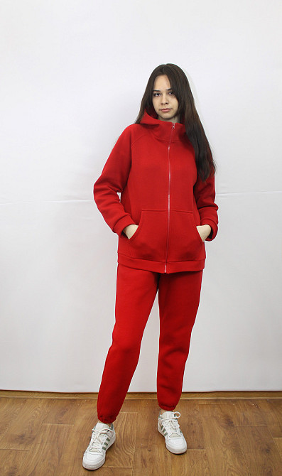 Костюм женский теплый спортивный на флисе кофта на змейке Красный 46/48 Харьков - изображение 1