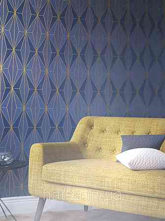 Шпалери вінілові на флізелін Marburg 82176 Giulia геометрія фігури ромби сині смуги золотисті 3д Київ