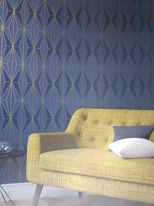 Шпалери вінілові на флізелін Marburg 82176 Giulia геометрія фігури ромби сині смуги золотисті 3д Київ - фото 2