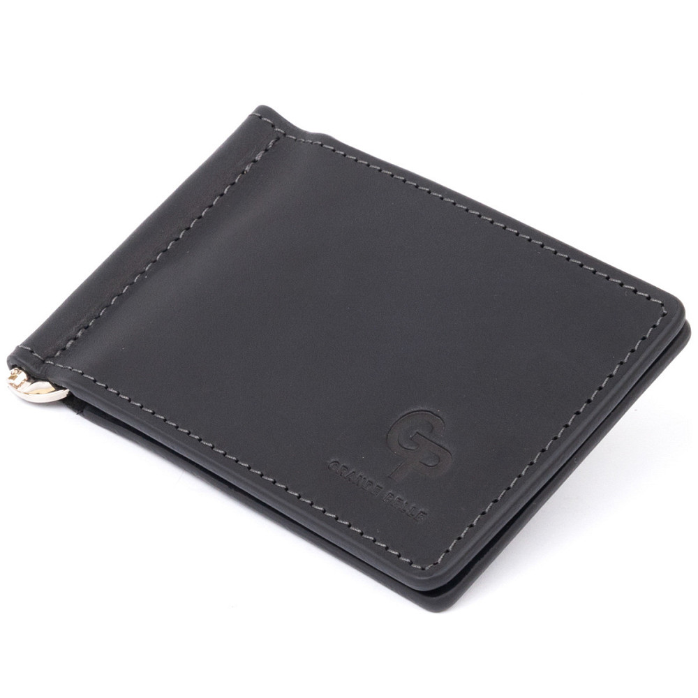 Стильний затискач для грошей без застібки Чорний (GRANDE PELLE) Київ - фото 5