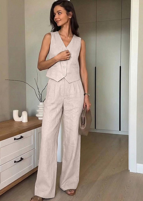 Жіночий стильний літній костюм-двійка льон Бежевий, 42/44 Одеса - фото 2