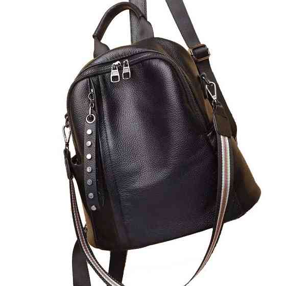 Кожаный классический женский рюкзак 26х32х15, плечевая сумка со многими отделениями, черная Киев