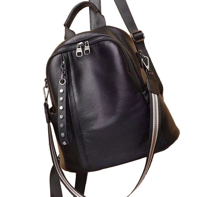 Кожаный классический женский рюкзак 26х32х15, плечевая сумка со многими отделениями, черная Киев - изображение 5