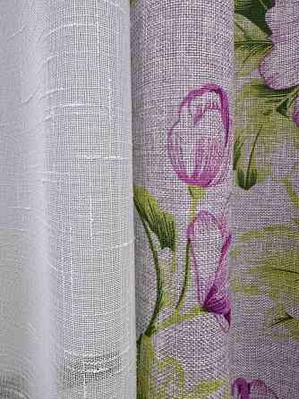 Комплект штор VR-Textil Лен Прованс 100х270 2шт и Тюль 400х270 2079ш-115т Серый с фиолетовым и белым 71-214/2 Киев