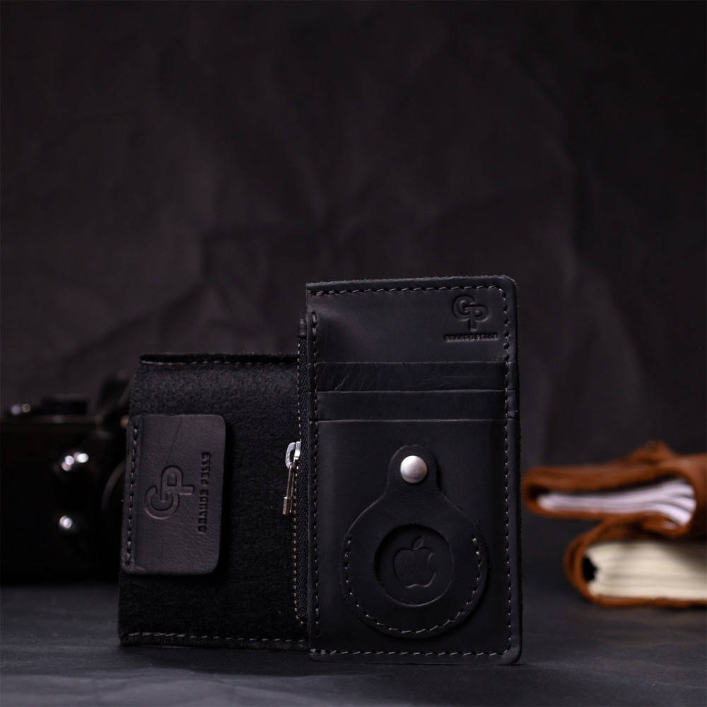 Вертикальний картхолдер з утримувачем для Apple AirTag з натуральної шкіри GRANDE PELLE 11626 Чорний Київ - фото 7