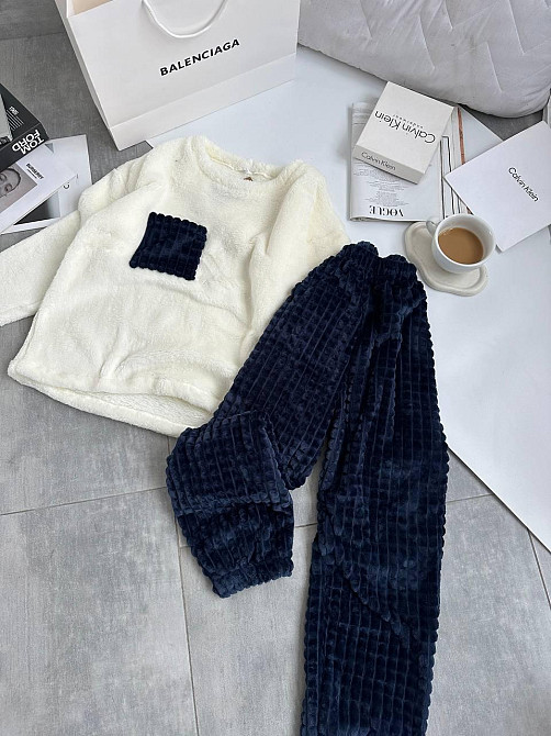 Женская теплая домашняя пижама махра+ махра фактурная Синий, 48/50 Одесса - изображение 1