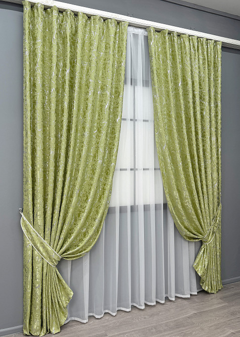 Комплект готових штор VR-Textil Льон мармур Royal Touch № 2011ш Світло-оливковий 200х270 см 2 шт (32-475) Київ - фото 3