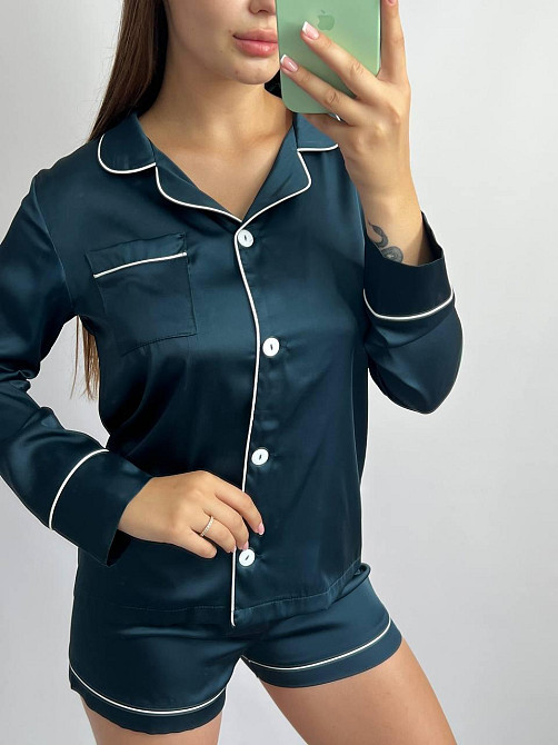 Комплект шелковый тройка рубашка с шортами и штанами Темно-изумрудный S Харьков - изображение 4