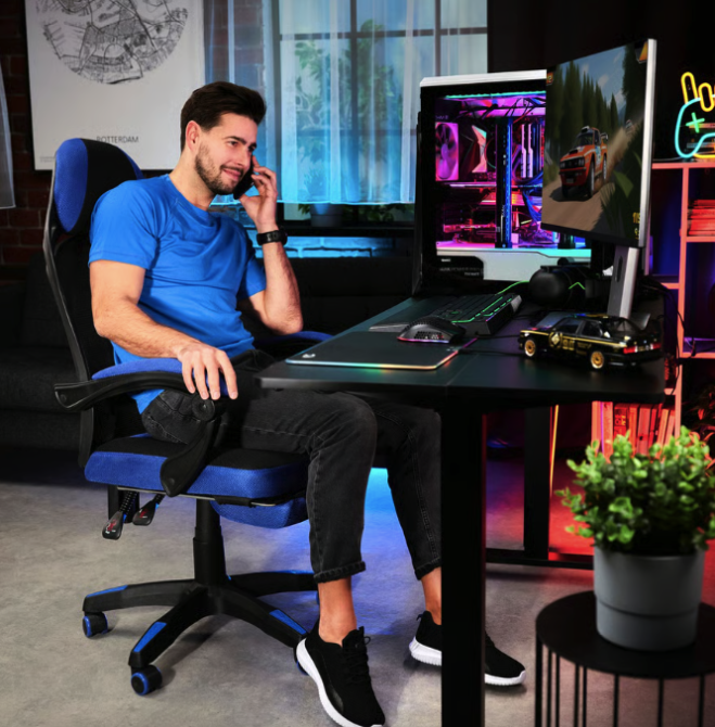 Геймерское компьютерное кресло черное с синим Sporte для дома, игровое кресло с выдвижной подставкой для ног Киев - изображение 2