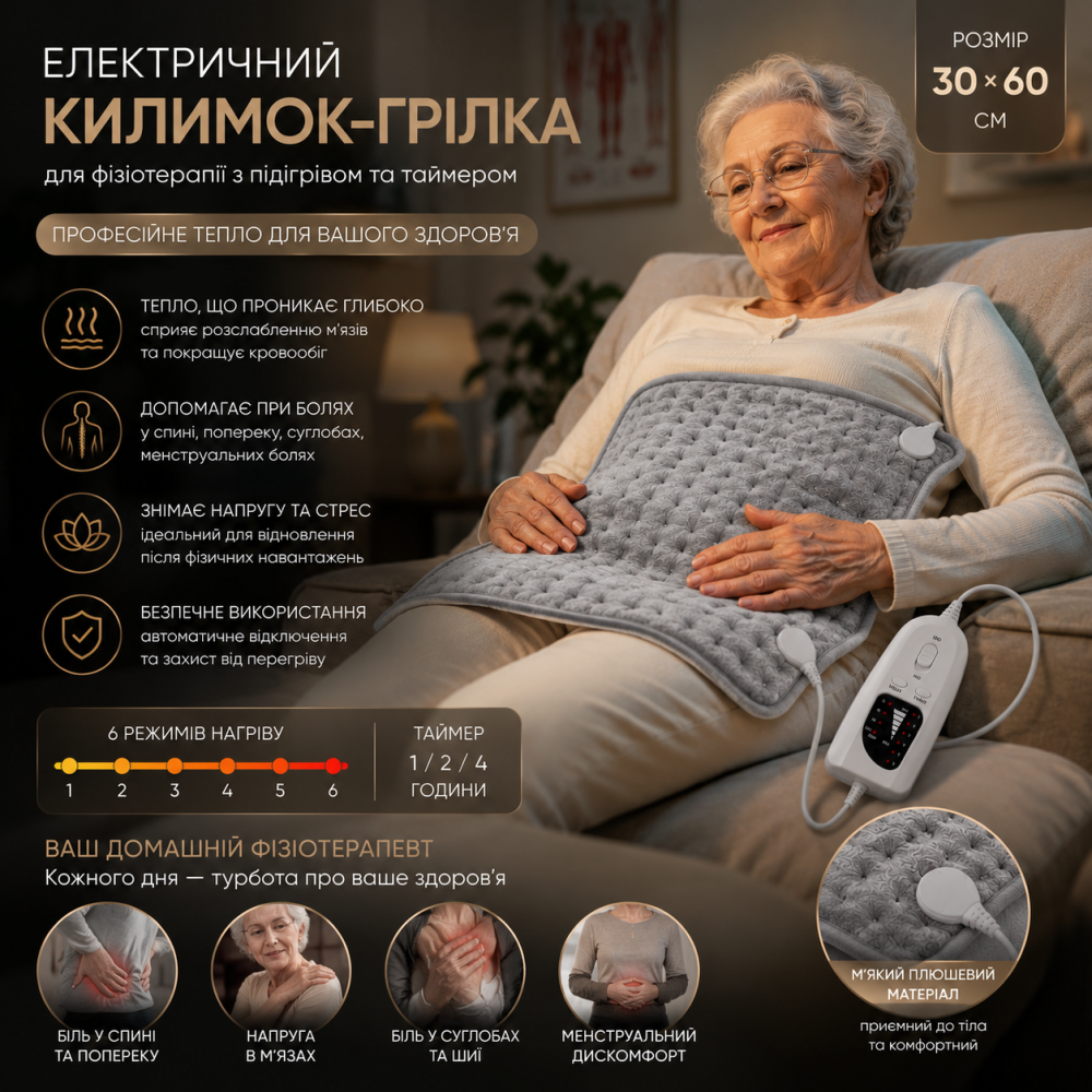 Электрический коврик-грелка для физиотерапии с подогревом и таймером (30*60 см), электрогрелка на 6 режимов нагрева Киев - изображение 1