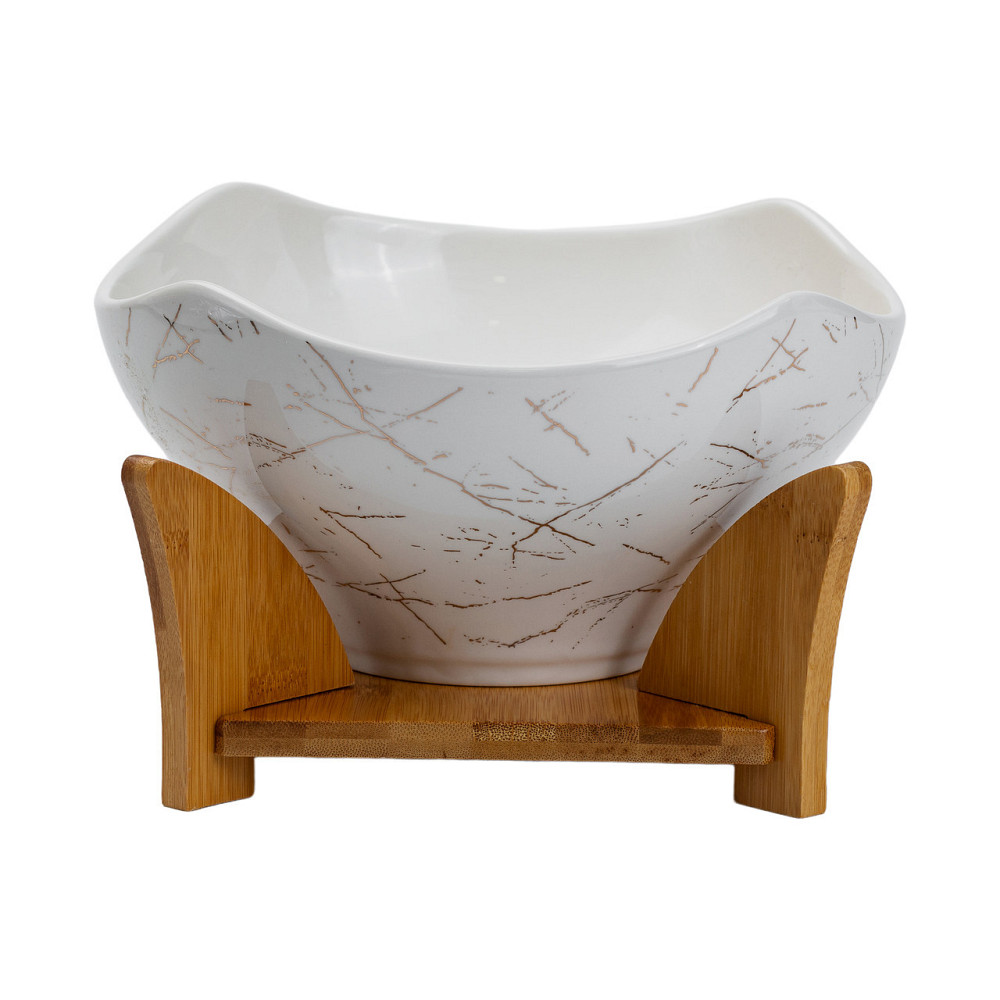 Салатниця га бамбуковій підставці з виделкою і ложкою 22*22*14 см Білий HP1228 Київ - фото 7