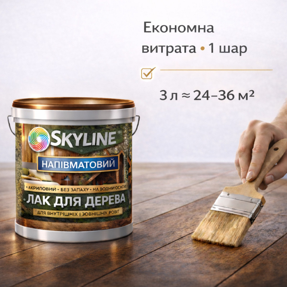 Лак для дерева Skyline напівматовий акриловий прозорий без запаху для внутрішніх та зовнішніх робіт 3 л Харків - фото 5