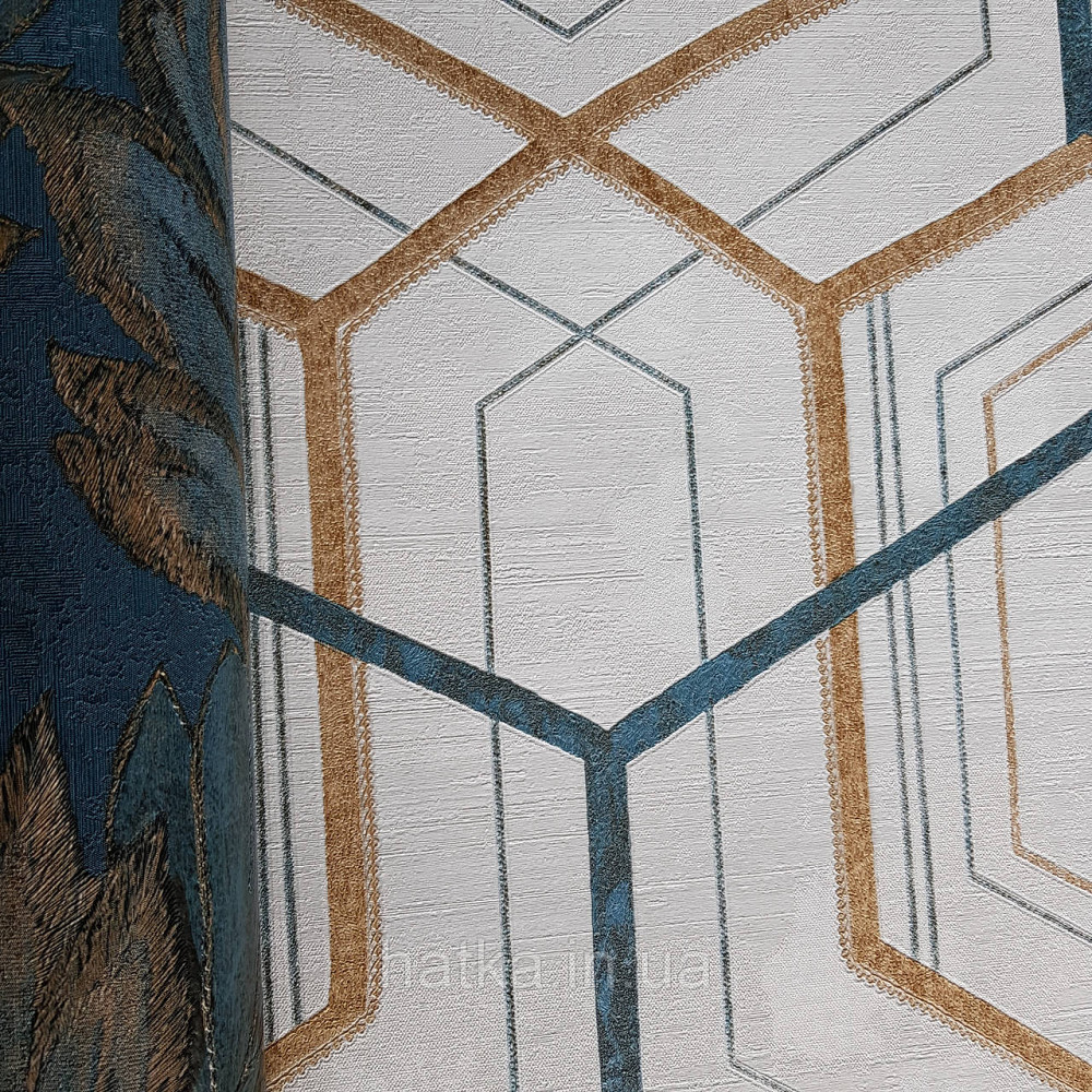 Шпалери метрові вінілові на флізелін 24 Carati Cristiana Masi геометрія смуги золотом бірюзові на бежевому 3д Київ - фото 3