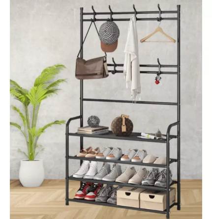 Напольная вешалка-органайзер для одежды и обуви 154×60×29,5 см с 4 прочными полками, металлическо-пластиковая конструкция Одесса