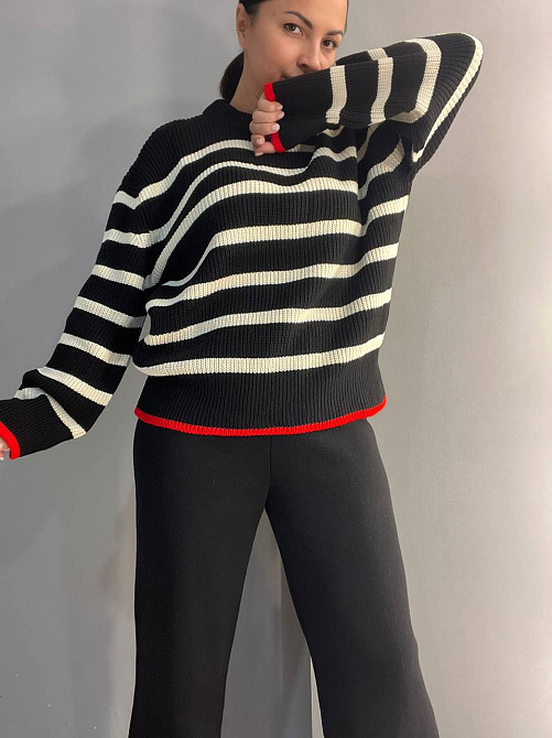 Свитер женский MIX RAY 6635 полоска оверсайз удлиненный свободный крой, черный, one size Киев - изображение 3