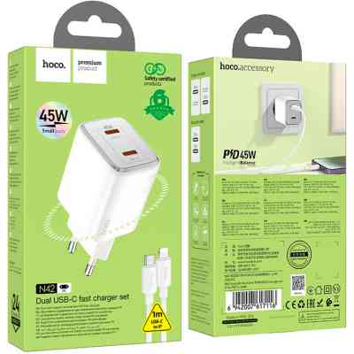 Зарядний пристрій HOCO N42 Elogiado 2xUSB-C PD45W + cable USB-C to Lightning White (6942007617116) Вінниця