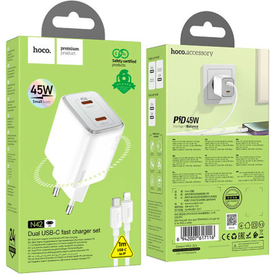 Зарядний пристрій HOCO N42 Elogiado 2xUSB-C PD45W + cable USB-C to Lightning White (6942007617116) Вінниця - фото 5