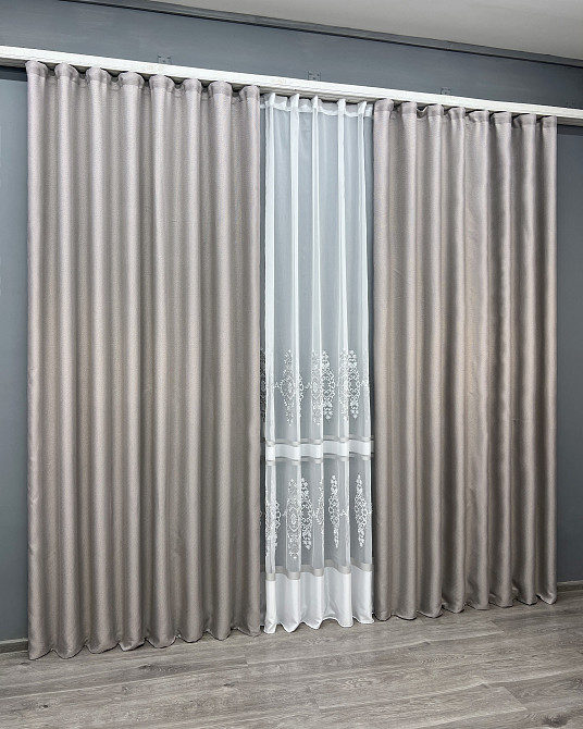 Комплект штор VR-Textil Лен Мешковина 200х270 2шт и Тюль 600х270 867ш-1701т Светло-серый с белым 71-179/7 Киев - изображение 3