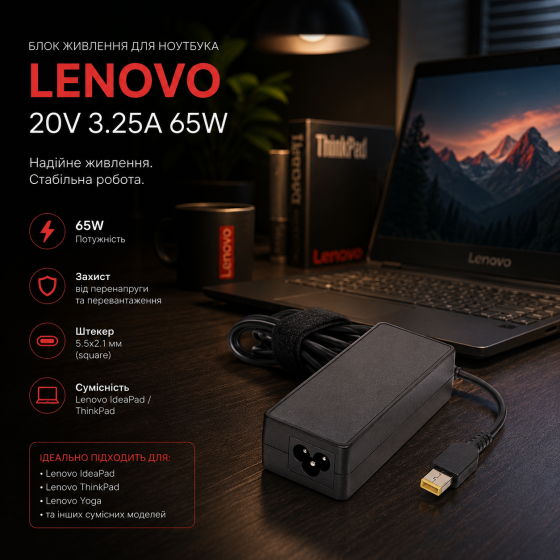 Блок живлення для ноутбука Lenovo 20V 3.25A 65W, штекер 5.5x2.1 мм (square), зарядний пристрій для Lenovo IdeaPad/ThinkPad Київ
