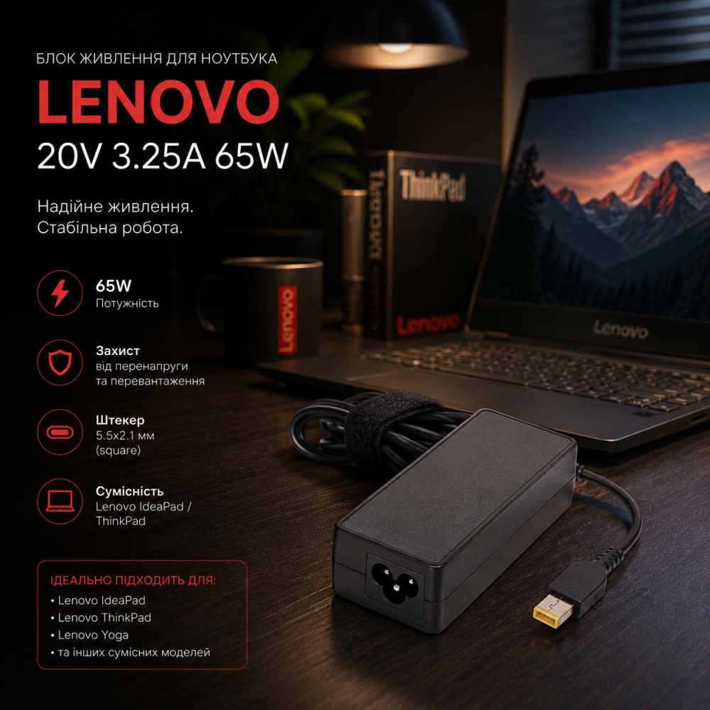 Блок питания для ноутбука Lenovo 20V 3.25A 65W, штекер 5.5x2.1 мм (square), зарядное устройство для Lenovo IdeaPad/ThinkPad Киев - изображение 1