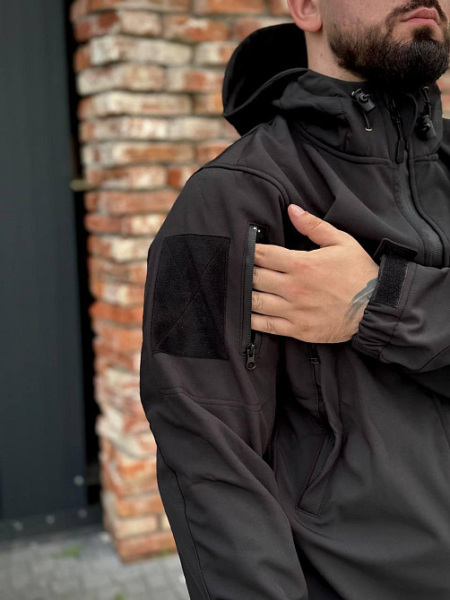 Военный мужской демисезонный костюм soft shell, тактическая черная форма с липучками для шевронов и капюшоном Львов - изображение 2