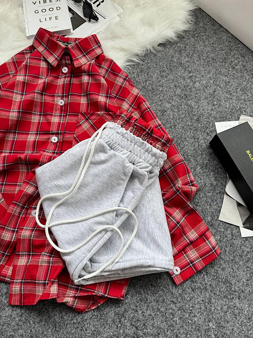 Женский повседневный костюм двойка: рубашка в клетку и штаны фланель + двунитка. Красный, 42/46 Одесса - изображение 9