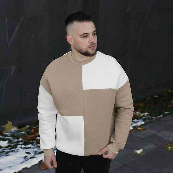 Мужской двухцветный стильный свитшот Pobedov The One. Свитшот оверсайт осенне-зимний молочно-песочный Киев