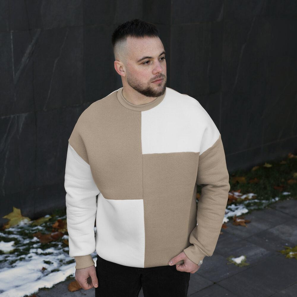 Мужской двухцветный стильный свитшот Pobedov The One. Свитшот оверсайт осенне-зимний молочно-песочный Киев - изображение 1