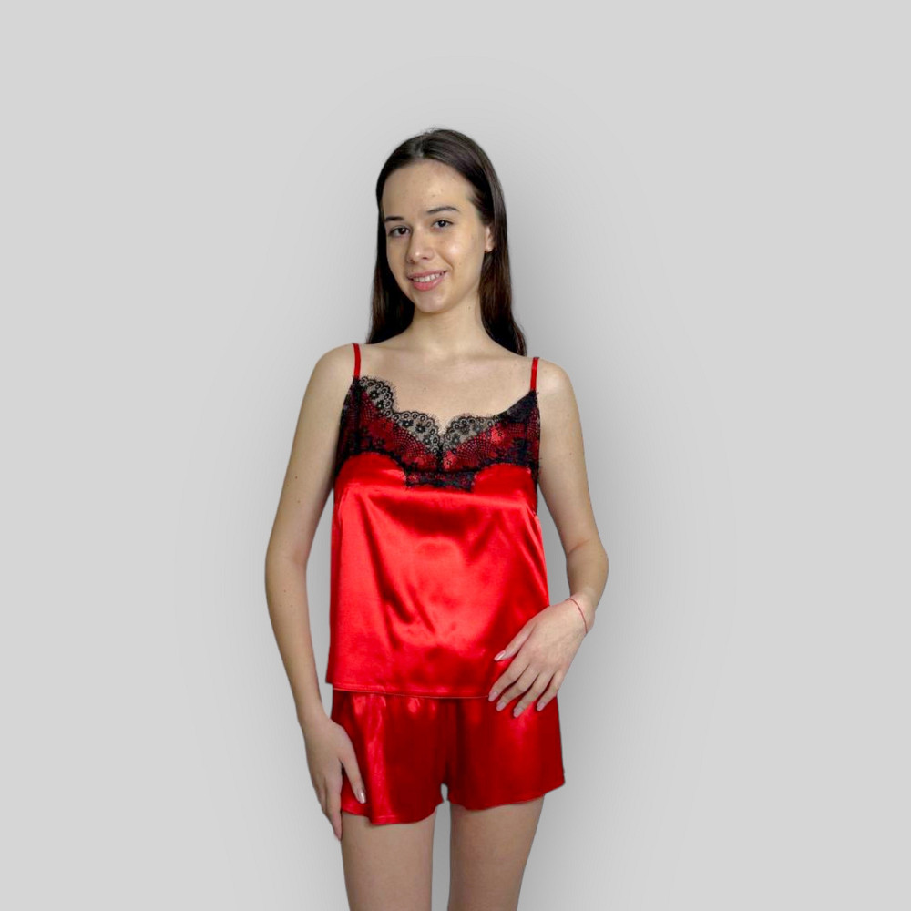 Піжама жіноча атласна з мереживом майка + шорти Червоний 3XL/4XL Харків - фото 2