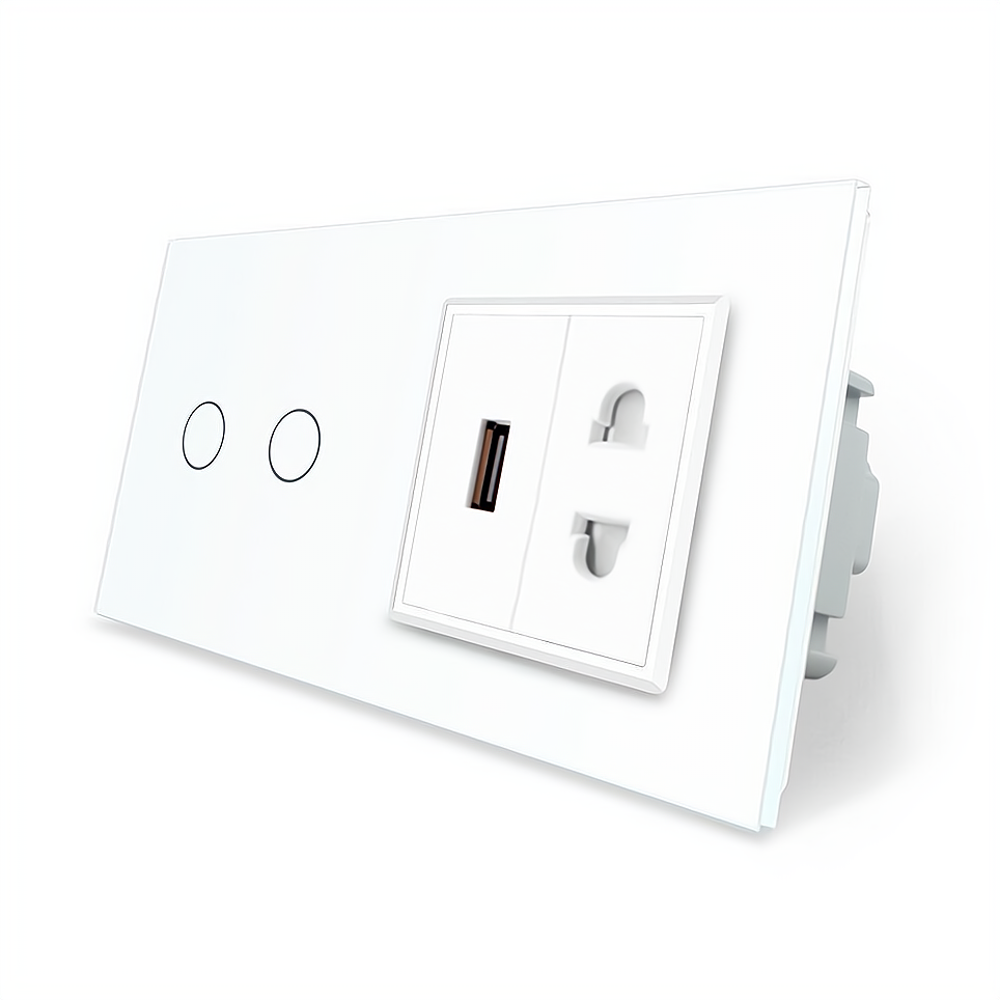 LIVOLO Сенсорний вимикач 2 сенсора 1 USB 1 розетка універсальна Livolo білий скло (VL-C702/C7US Київ - фото 1