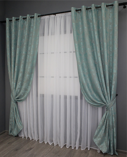 Комплект штор на люверсах VR-Textil Жаккард Sultan XO № 1148ш Бирюзово-серый 150х250 см 2 шт (37-0093) Киев - изображение 3