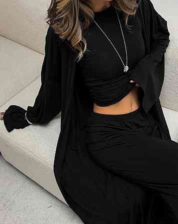 Женский базовый повседневный костюм тройка: кардиган лонгслив и штаны вискоза Черный, 42/46 Одесса