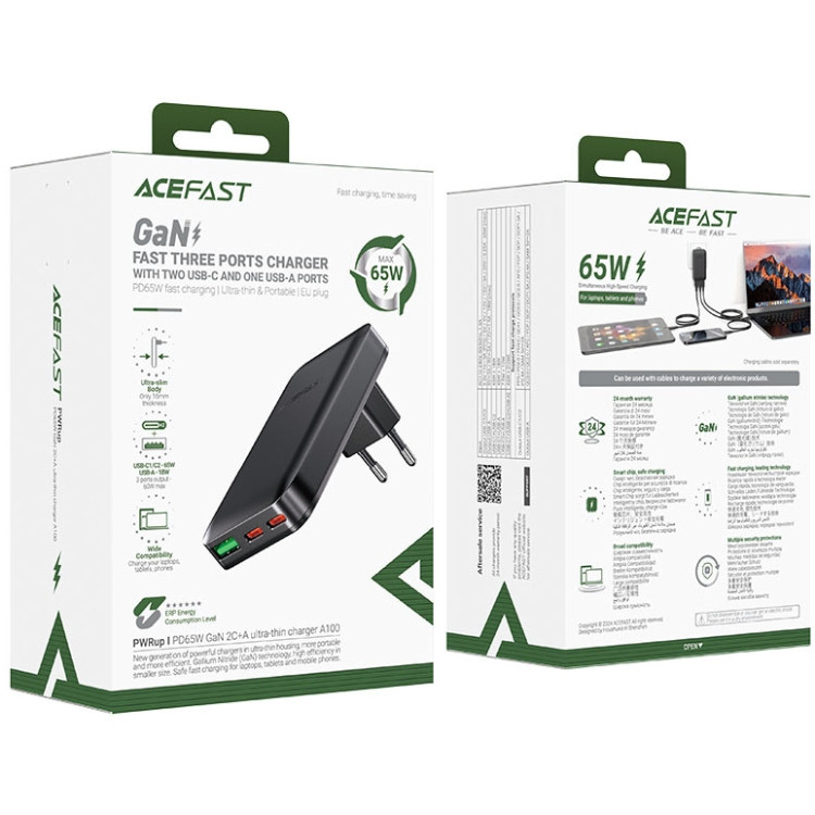 Зарядний пристрій 3xUSB 65W (2xUSB-C+USB-A) Gan A100 Fast Charger Ultra thin black Acefast Винница - изображение 6
