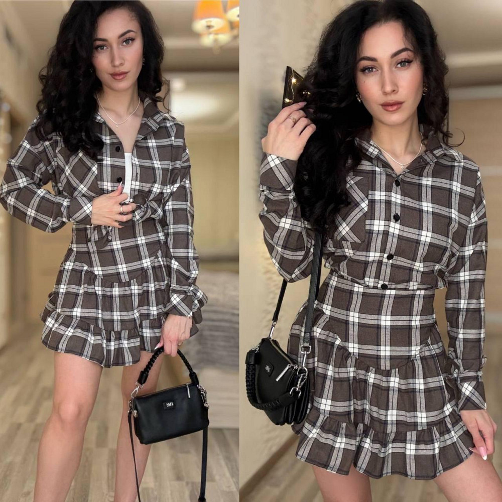 Женский стильный костюм двойка: рубашка и юбка в клетку хлопок тиар Мокко, 46/48 Одесса - изображение 1