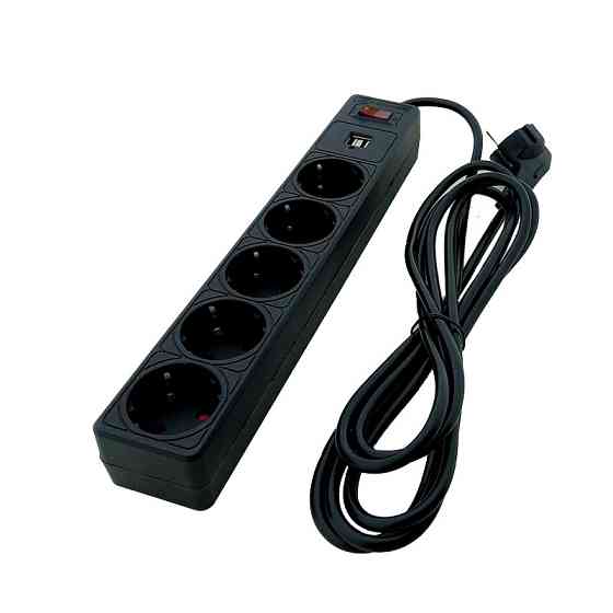 Сетевой фильтр с заземлением 5 гнезд + 2USB, 3 м, черный, защитные шторки Днепр
