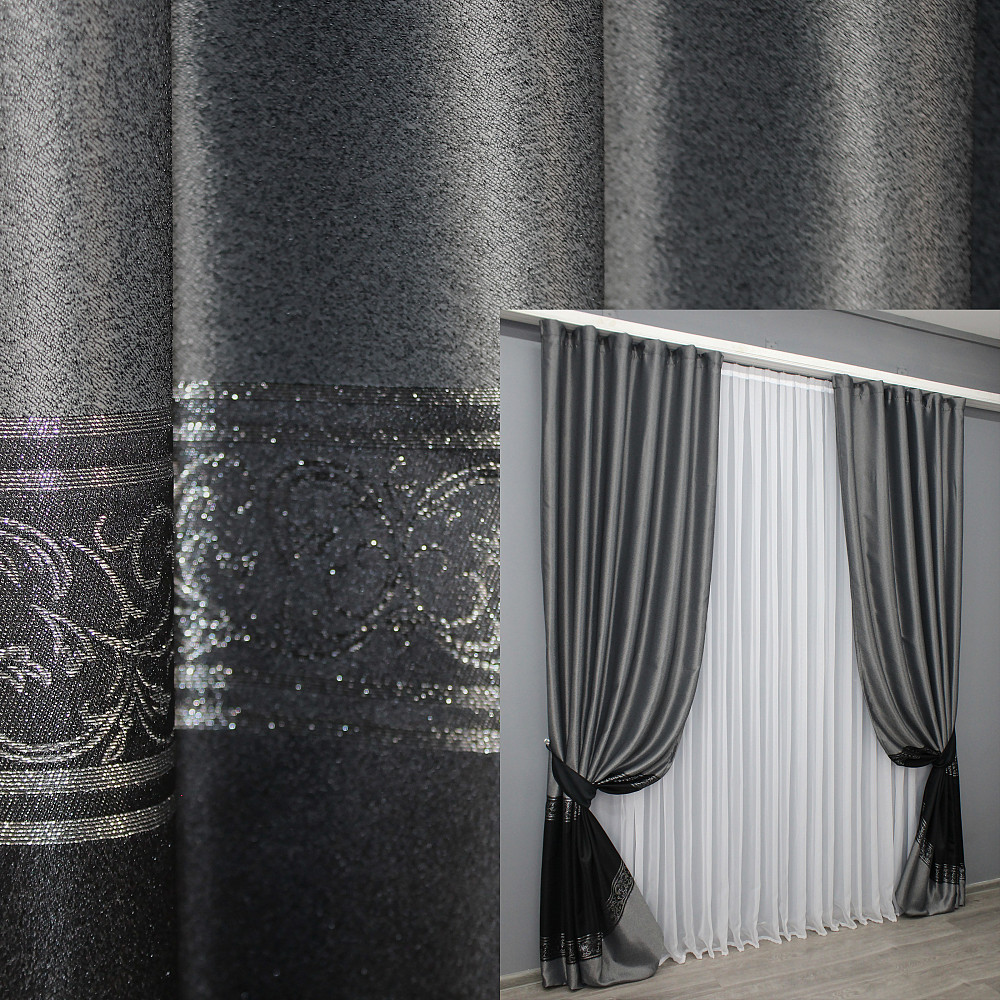 Комплект готовых штор VR-Textil ANZIO № 1468ш Серебристый с черным 140х270 см 2 шт (33-0451) Киев - изображение 1