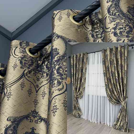 Комплект штор на люверсах VR-Textil Парча № 1776ш Бежевий з синім 155х270 см 2 шт (37-0261) Київ